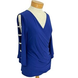Prelude M Royal Blue Split Sleeve Rhinestone Accent Faux Wrap Top